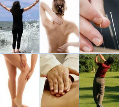 Collage of therapies: stretching, back pain, acupuncture, massage, manual therapy and golf