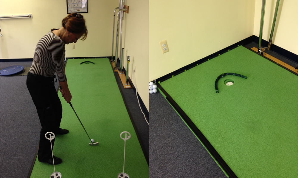 Two views of the indoor putting green used for golf therapy
