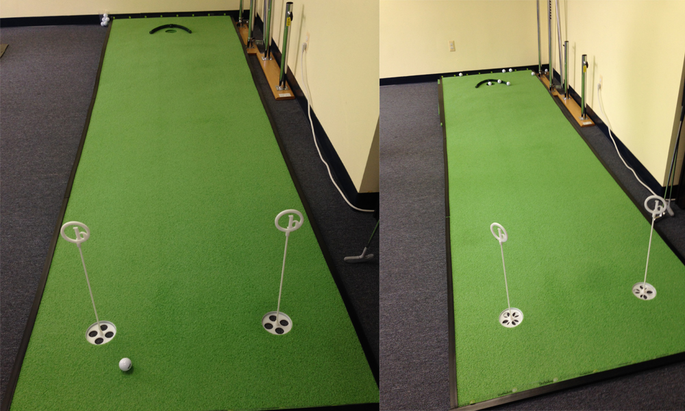 Indoor putting green with practice cups, shown from two angles