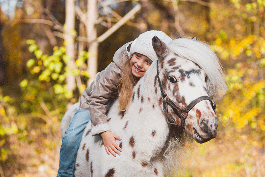 Smiling girl hugging a spotted pony